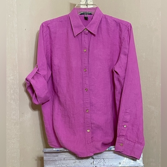 Lauren Ralph Lauren Tops - LAUREN RALPH LAUREN FUCHSIA LINEN BUTTON DOWN WITH GOLD LOGO BUTTONS SZ LARGE